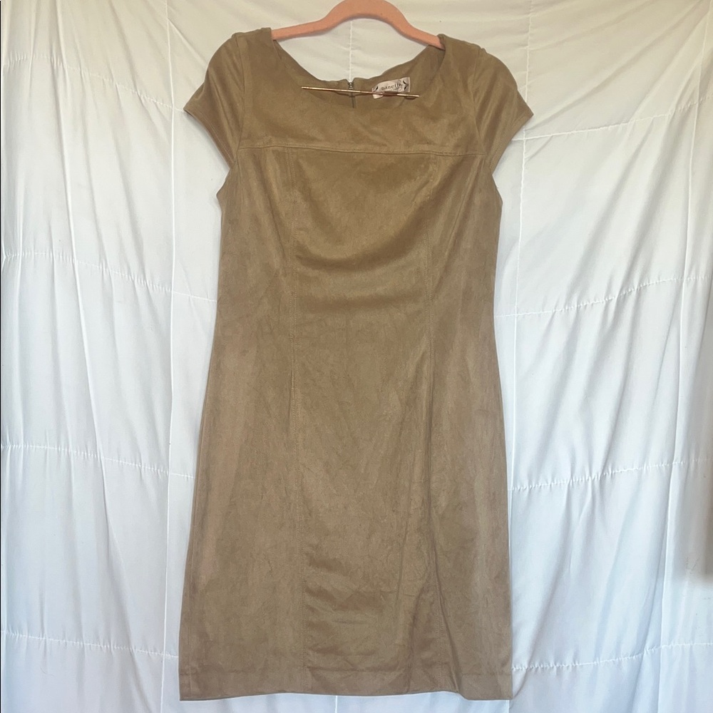 Nanette Lepore Tan Faux Suede Shift Dress Size 8 Cap Sleeve Microfiber